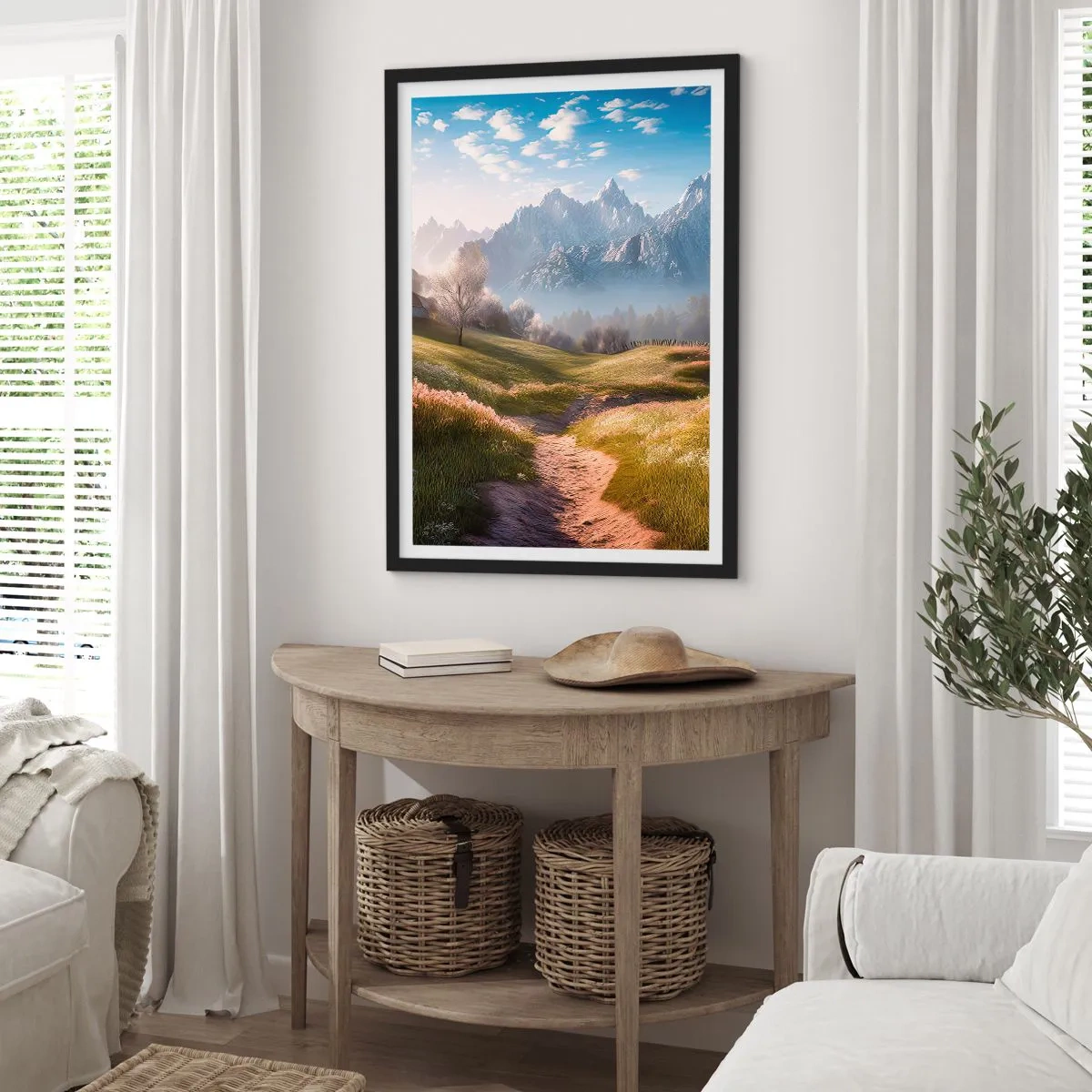 Plakat i sort ramme - En bjergsti, der fører gennem en grøn dal ved solopgang - 50x70cm - Idyllisk dal - Moderne vægdekoration til stue og soveværelse ARTTOR