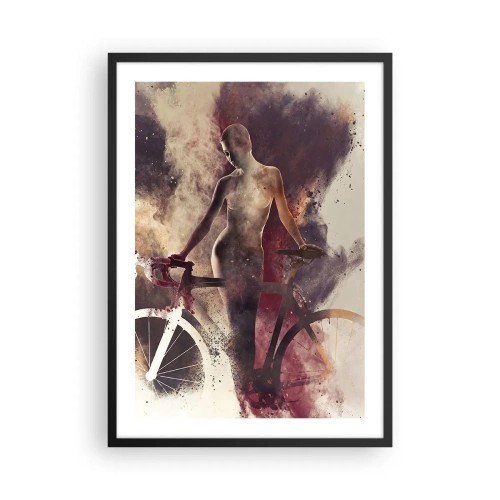 Plakat i sort ramme - Silhuet af en kvinde med en cykel i en kunstnerisk, røgfyldt baggrund - 50x70cm - I marmor former den cyklende sjæl - Moderne vægdekoration til stue og soveværelse ARTTOR
