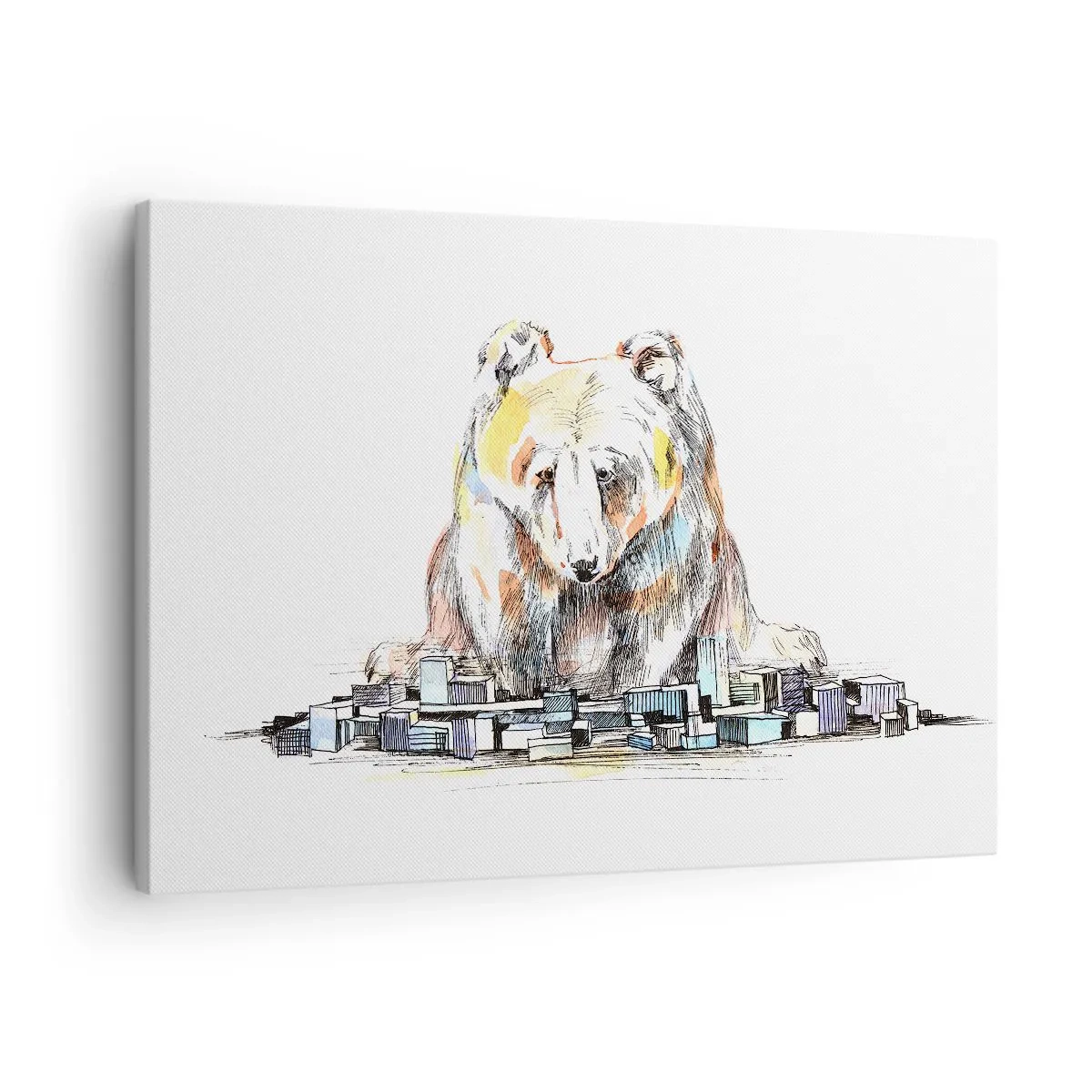 Lærredstryk - Billede på lærred - Illustration af en bjørn med farverige detaljer og klodser - 70x50cm - Hvordan kan man leve på den måde? - Moderne vægdekoration til stue og soveværelse ARTTOR