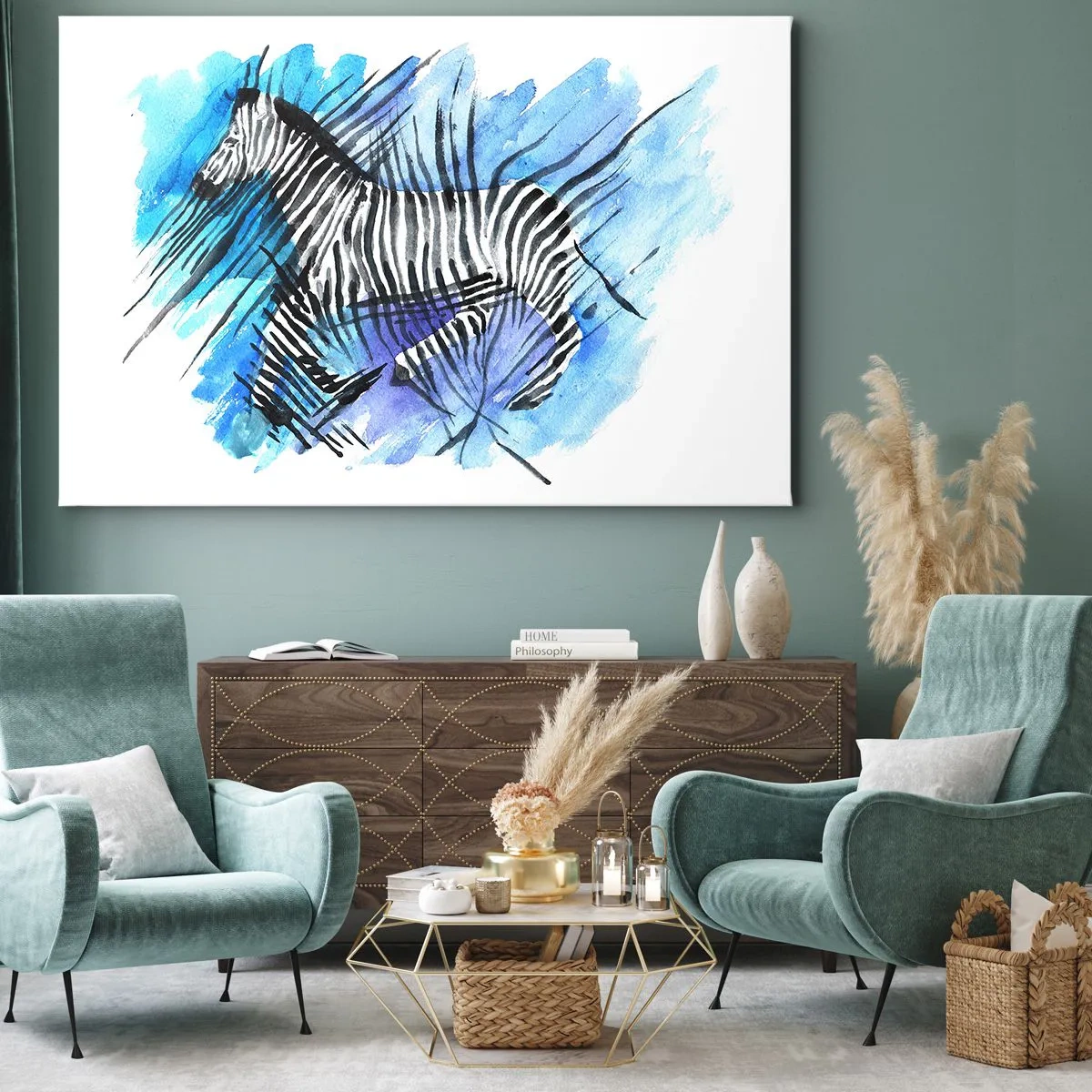 Lærredstryk - Billede på lærred - Akvarel illustration af en zebra mod en blå himmel - 70x50cm - Skjult i striberne - Moderne vægdekoration til stue og soveværelse ARTTOR