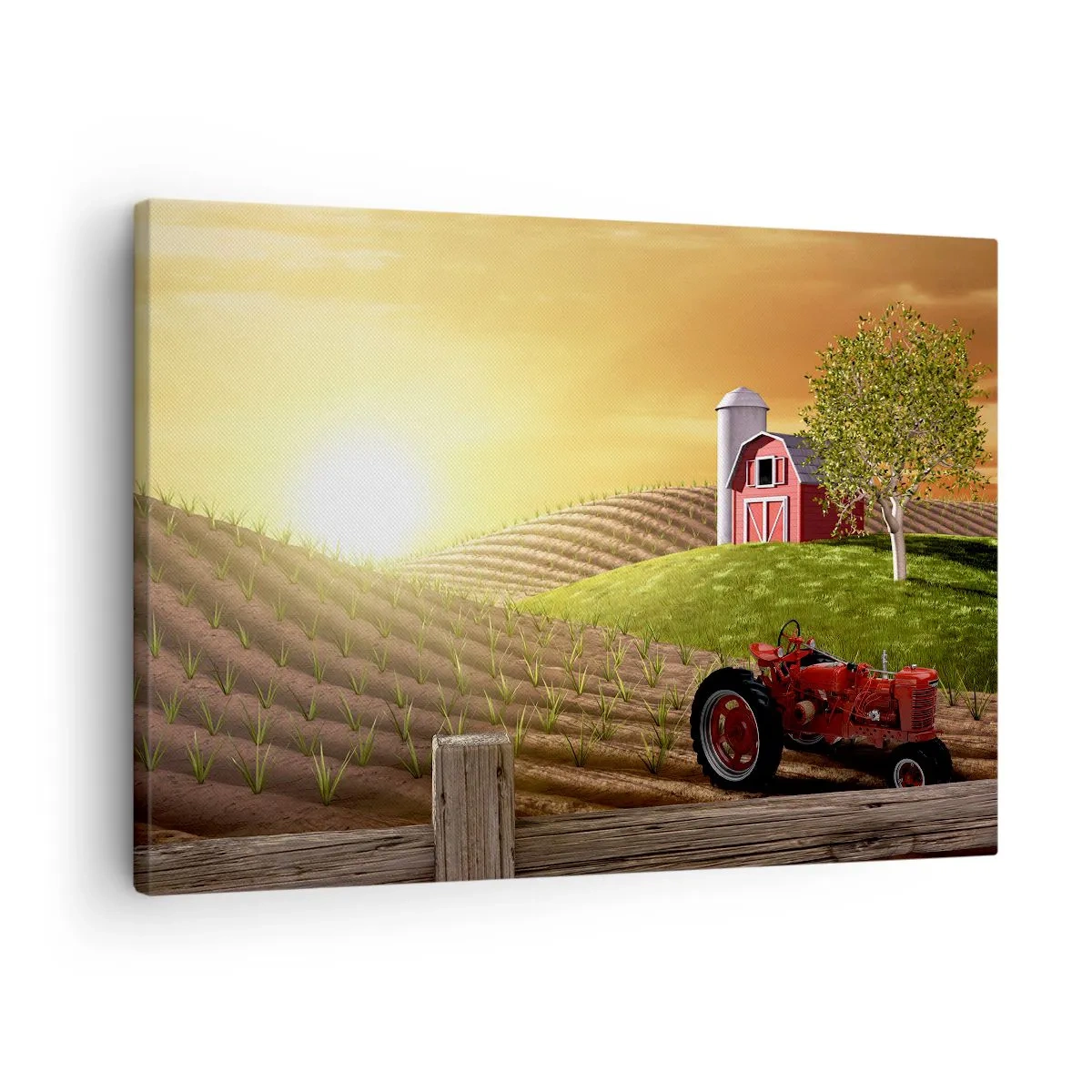 Lærredstryk - Billede på lærred - Landligt landskab med en rød lade, traktor og solopgang - 70x50cm - En gård som et eventyr - Moderne vægdekoration til stue og soveværelse ARTTOR