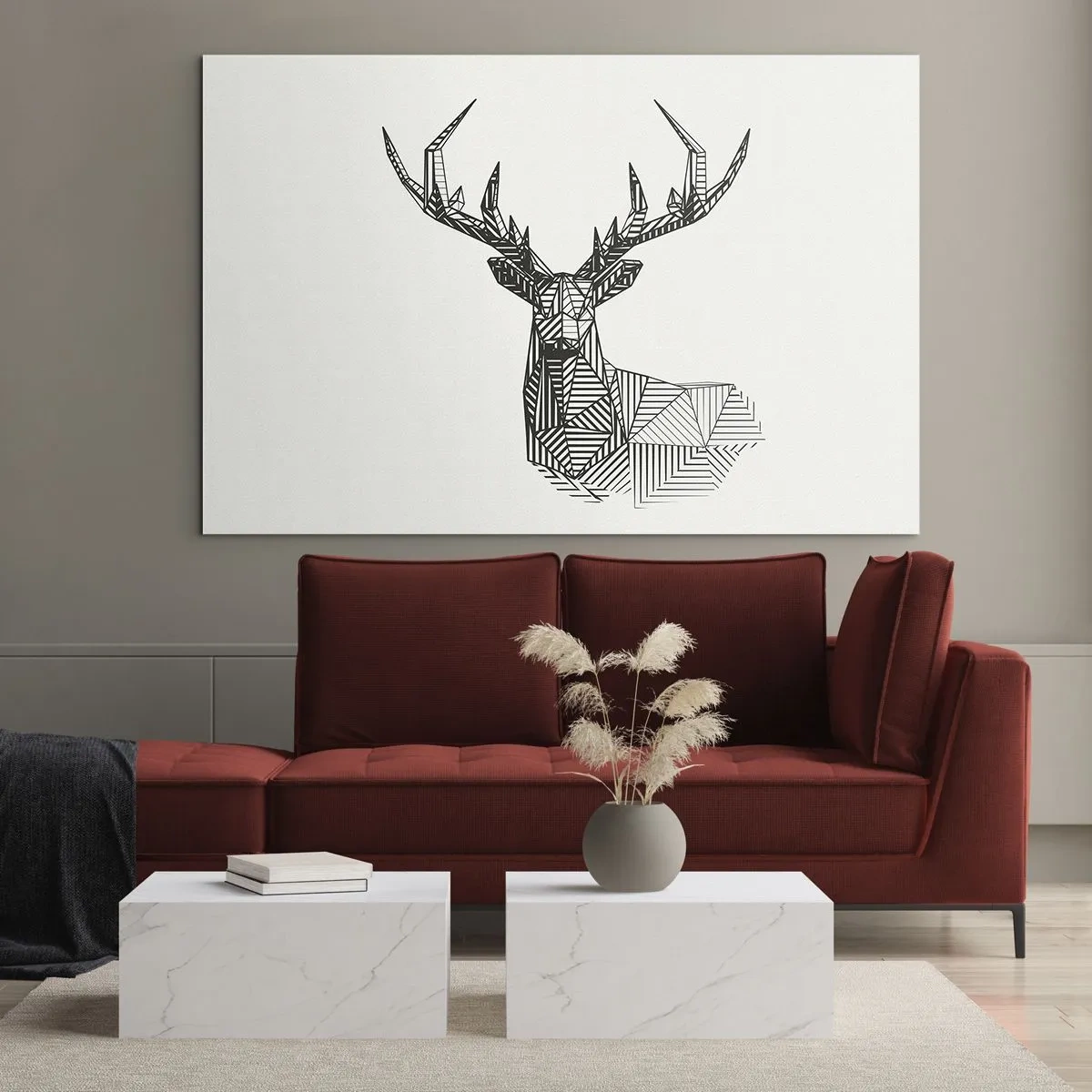 Billede på glas - Kubistisk hjort lavet af geometriske former på en hvid baggrund - 70x50cm - Hjorte i kubistisk stil - Moderne vægdekoration til stue og soveværelse ARTTOR