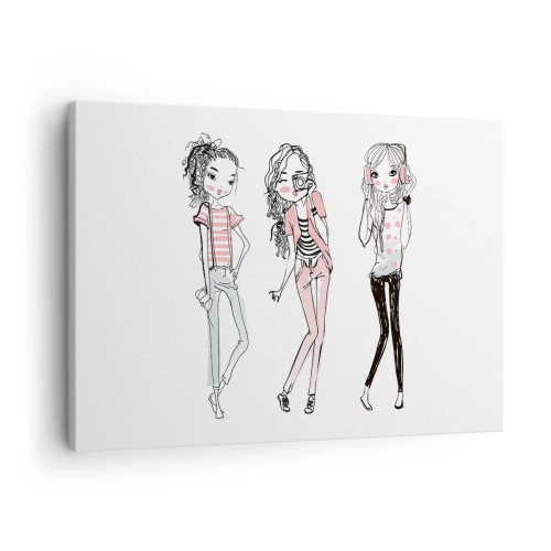 Lærredstryk - Billede på lærred - Illustration af moderigtige piger i pastelfarver - 70x50cm - Det bliver sjovt - Moderne vægdekoration til stue og soveværelse ARTTOR