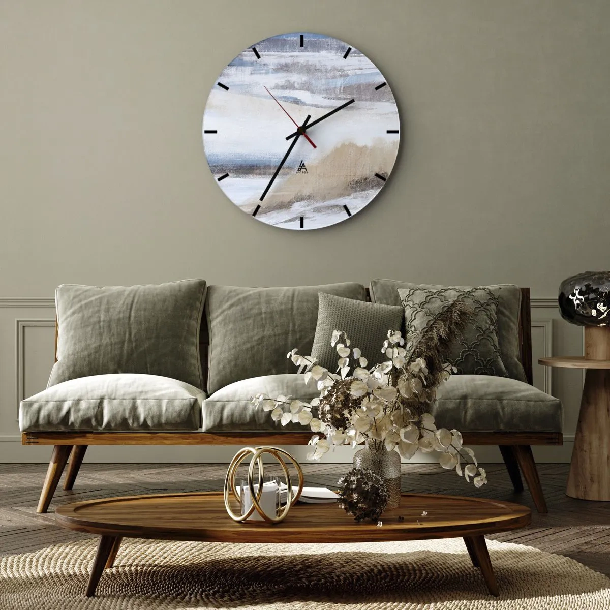 Vægur, Uret - Vinterlandskab i nuancer af blå, beige og hvid - 30x30cm - Vinterkomposition - Moderne vægdekoration til stue, køkken og soveværelse ARTTOR