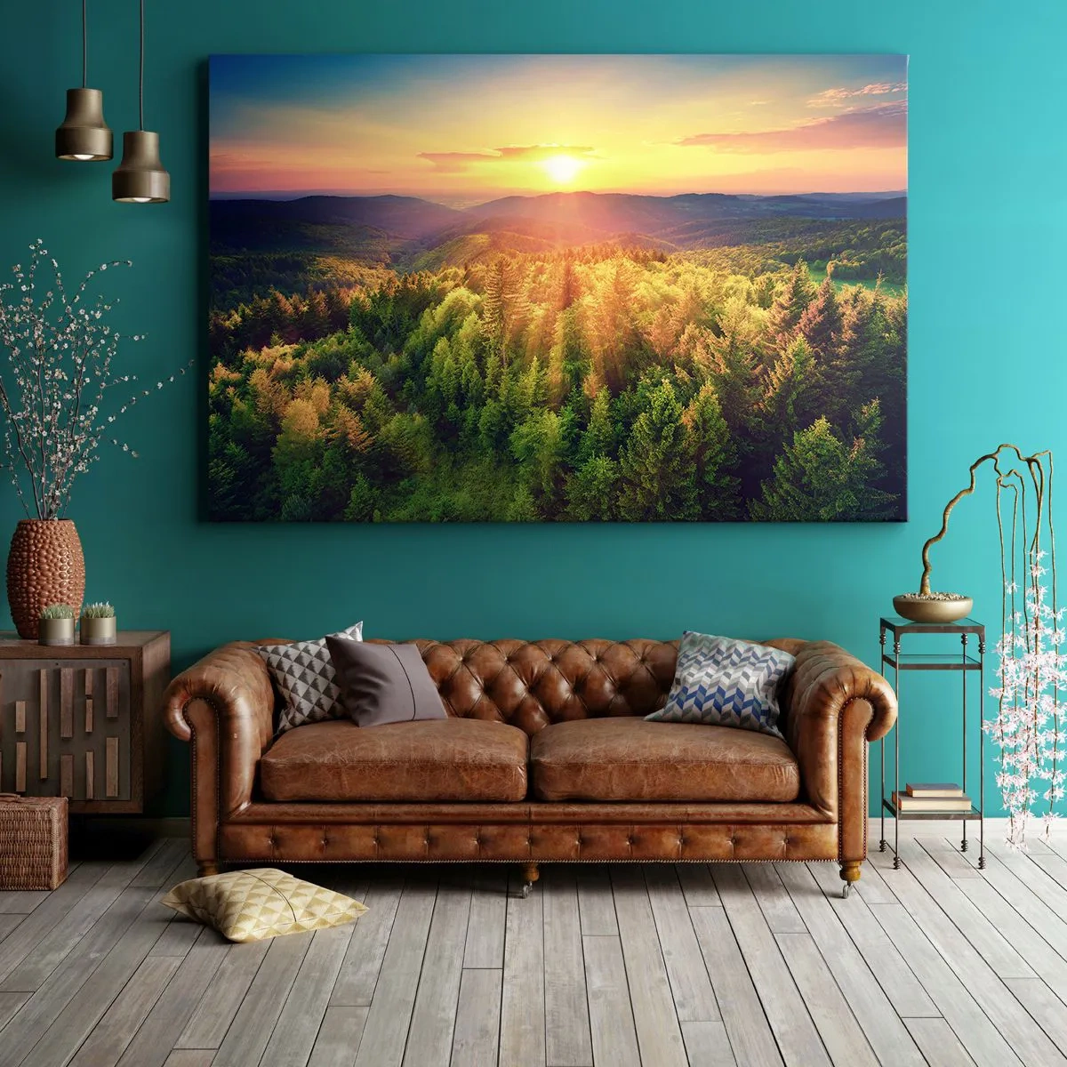Lærredstryk - Billede på lærred - Skovlandskab med solnedgang over bakkerne - 70x50cm - Toppe og bjergtoppe - Moderne vægdekoration til stue og soveværelse ARTTOR