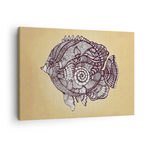 Lærredstryk - Billede på lærred - Dekorativ fisk i tegnestil med mønstre - 70x50cm - Fra et hav af ornamenter - Moderne vægdekoration til stue og soveværelse ARTTOR