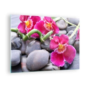 Billede på glas - Lyserøde orkideer med bambus på sten - 70x50cm - Kulde og varme - Moderne vægdekoration til stue og soveværelse ARTTOR