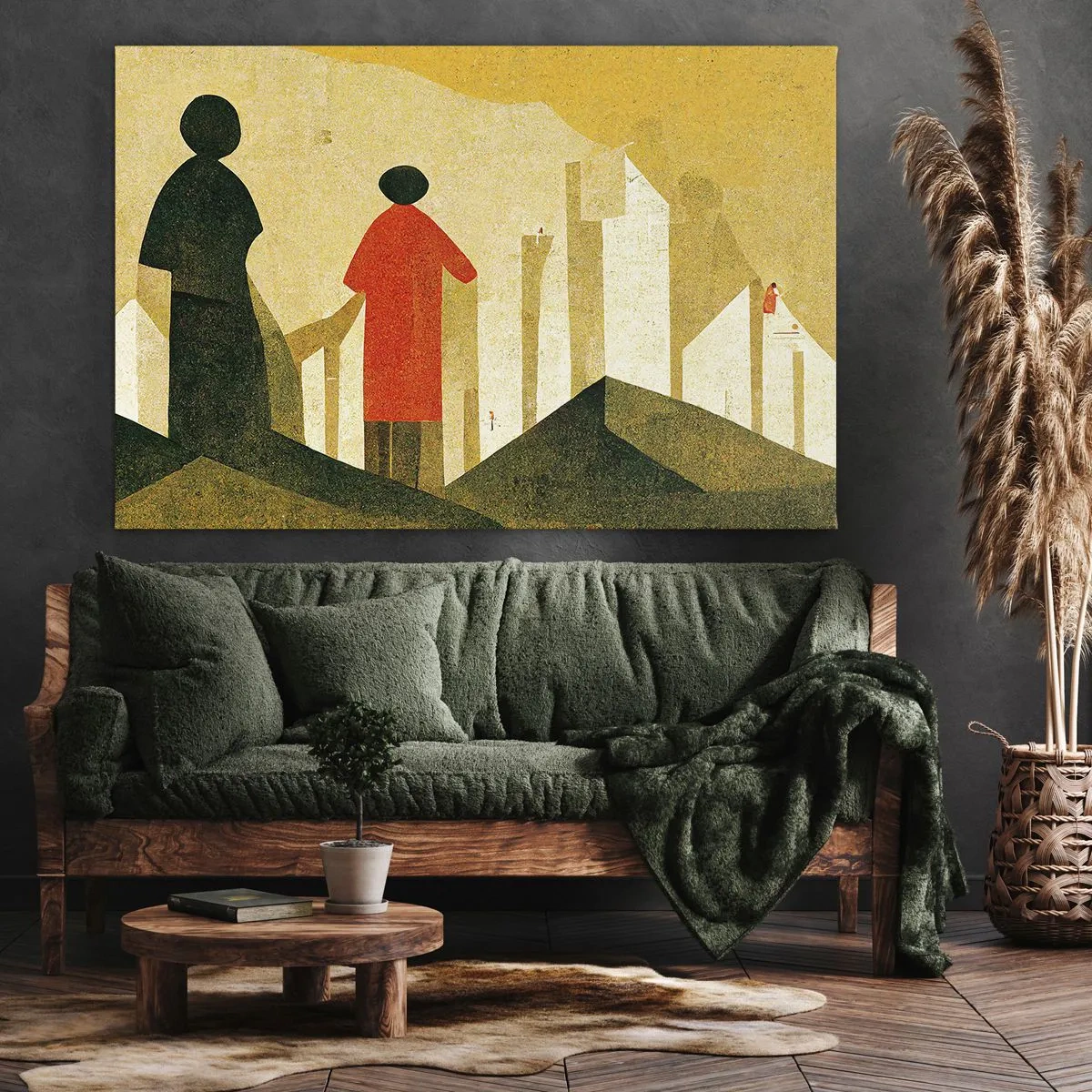 Lærredstryk - Billede på lærred - Geometriske silhuetter i rødt og grønt på en gul baggrund - 70x50cm - Stadig langt væk - Moderne vægdekoration til stue og soveværelse ARTTOR