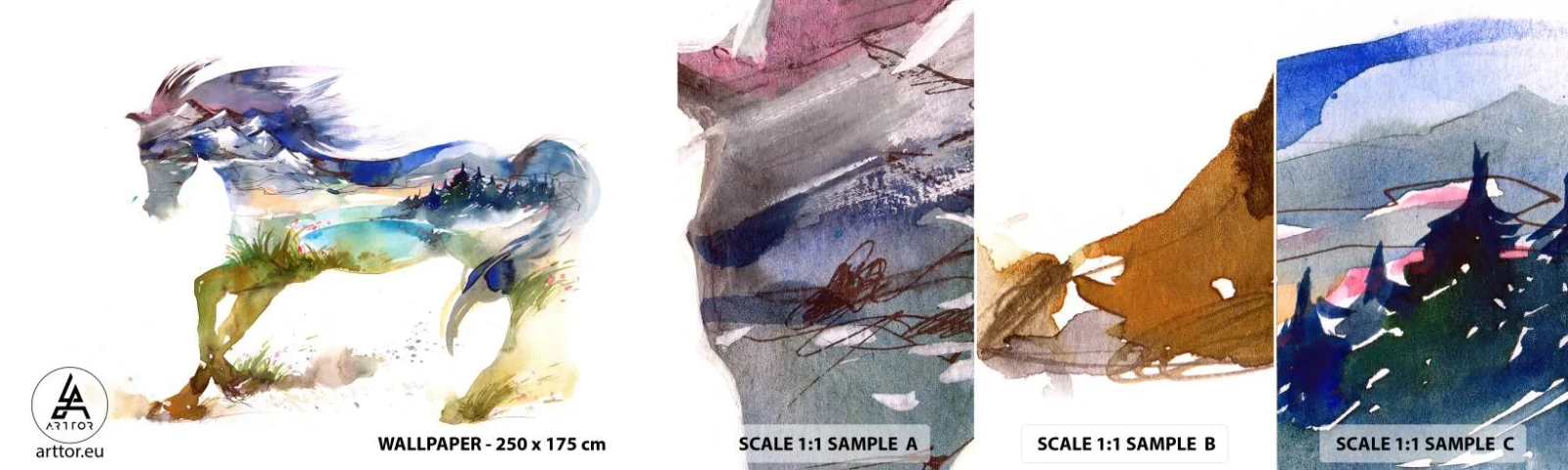 Prøve Fototapet Selvklæbende Deluxe Sticker - Fra engen lige op til himlen - Hest, Abstraktion, Landskab - 100x30 cm