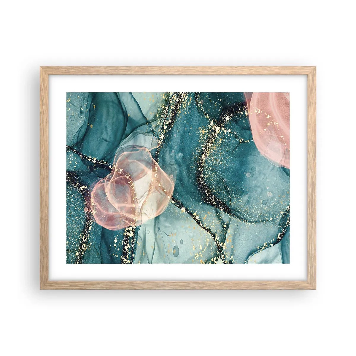 Plakat i ramme af lyst egetræ - Silkeblå, tyl lyserød - 50x40 cm