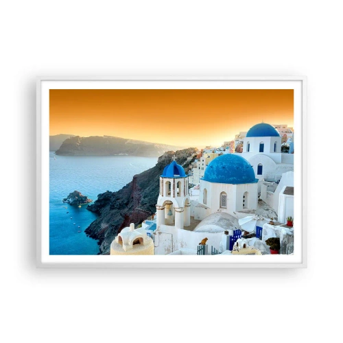Plakat i hvid ramme - Santorini - omfavnet af klipperne - 100x70 cm