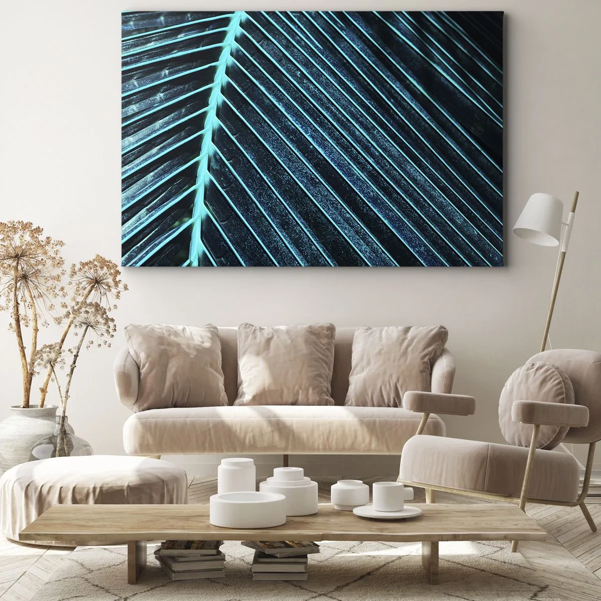 Lærredstryk - Billede på lærred - Makrofotografi af et blad i nuancer af turkis og marineblå - 70x50cm - Tekstur af grønt - Moderne vægdekoration til stue og soveværelse ARTTOR