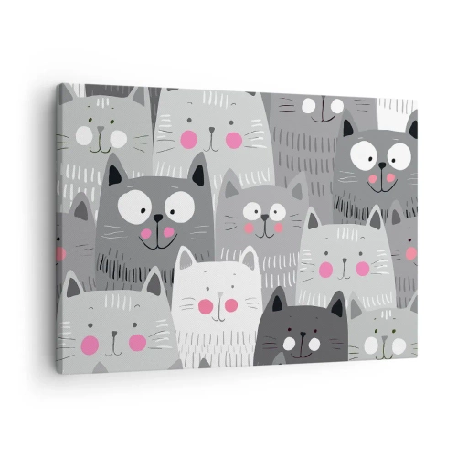 Lærredstryk - Billede på lærred - Et sjovt mønster med katte i grå nuancer - 70x50cm - Kattens verden - Moderne vægdekoration til stue og soveværelse ARTTOR