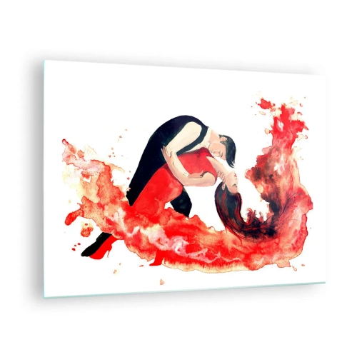 Billede på glas - Et par, der danser i en dynamisk, rød akvarelkomposition - 70x50cm - Tango - en sensuel bølge - Moderne vægdekoration til stue og soveværelse ARTTOR