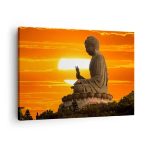 Lærredstryk - Billede på lærred - En buddhistisk statue mod en orange solnedgangs baggrund - 70x50cm - Uden frygt for verden - Moderne vægdekoration til stue og soveværelse ARTTOR