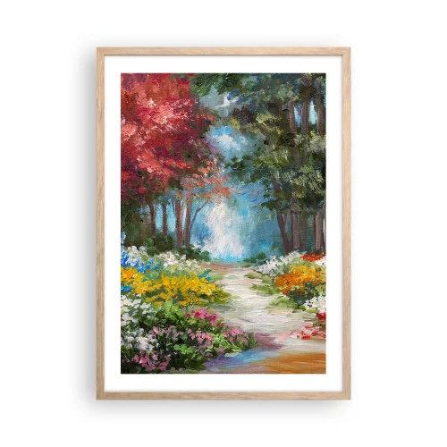 Plakat i ramme af lyst egetræ - Skovhave, blomsterskov - 50x70 cm