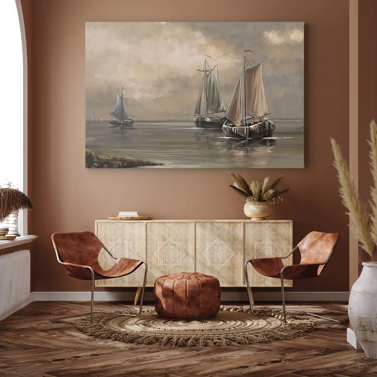 Lærredstryk - Billede på lærred - Sejlbåde på et roligt hav i pastelfarvede omgivelser - 70x50cm - Sømændenes tilbagevenden - Moderne vægdekoration til stue og soveværelse ARTTOR