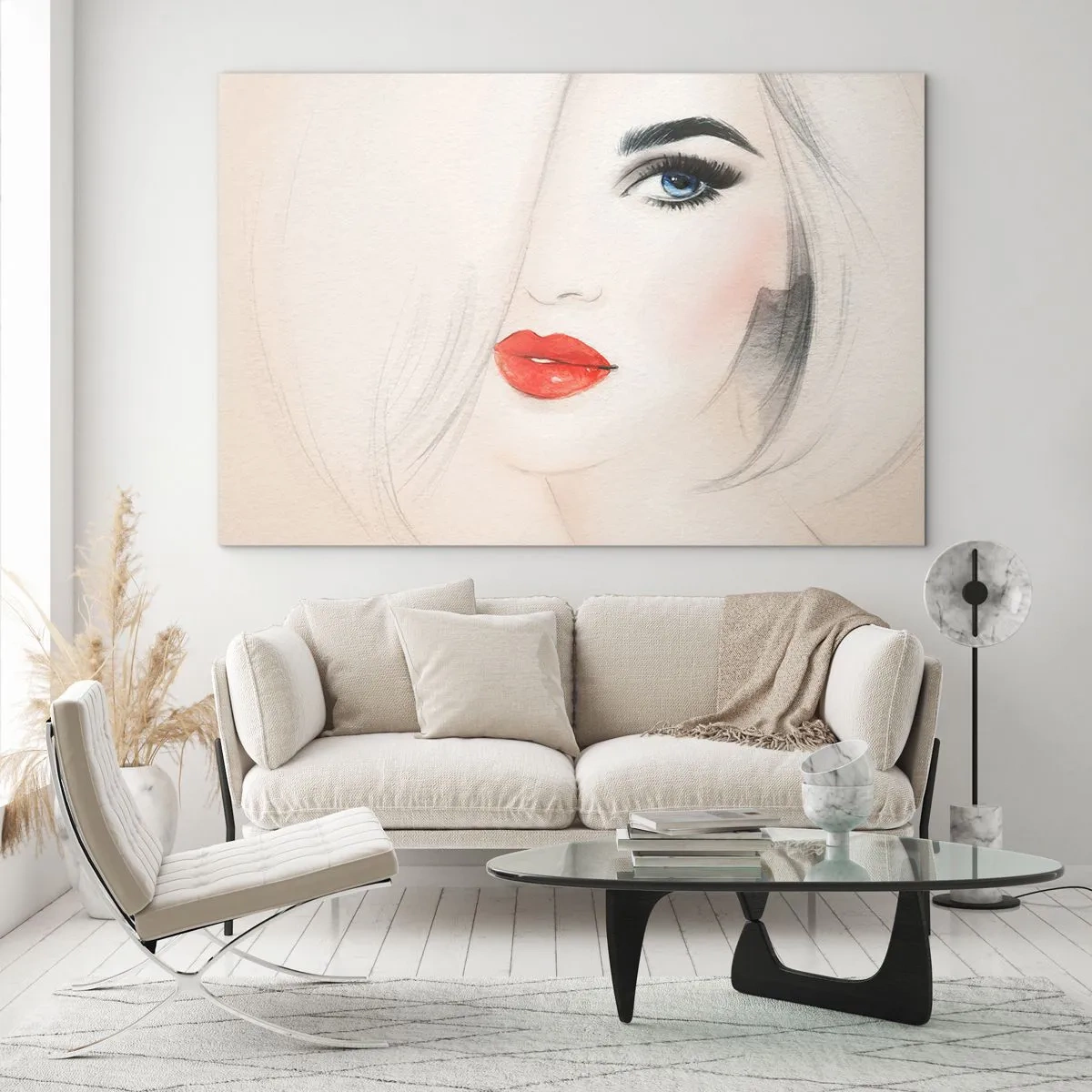 Billede på glas - Portræt af en kvinde med lyst hår, røde læber og blå øjne - 70x50cm - Hypnotiserer og beruser - Moderne vægdekoration til stue og soveværelse ARTTOR