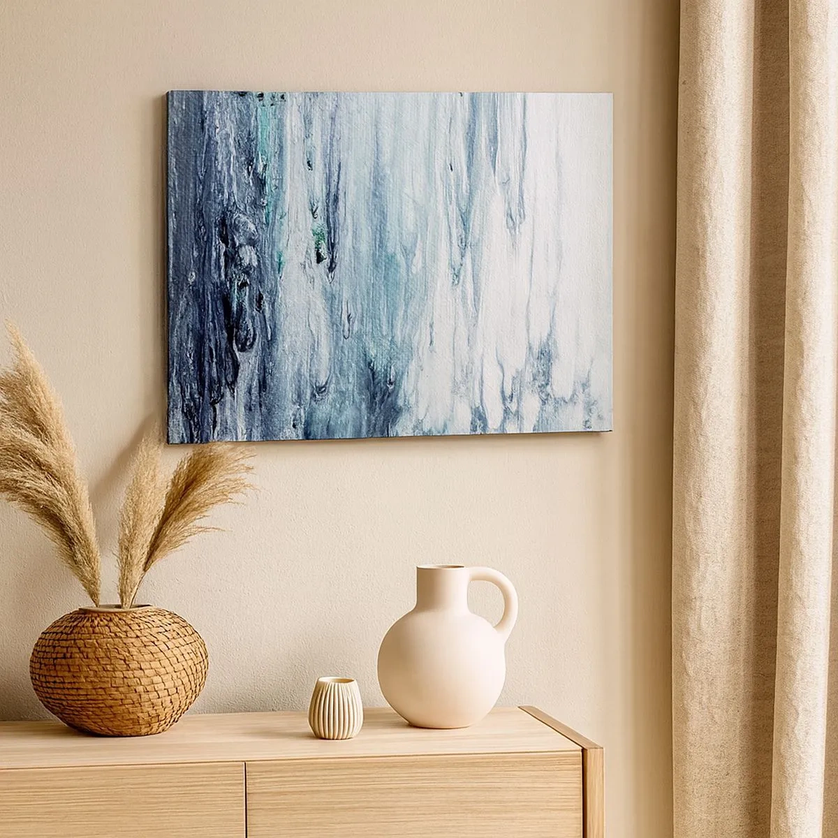 Lærredstryk - Billede på lærred - Abstrakte blå og hvide striber, der ligner istapper - 70x50cm - Blå istapper - Moderne vægdekoration til stue og soveværelse ARTTOR