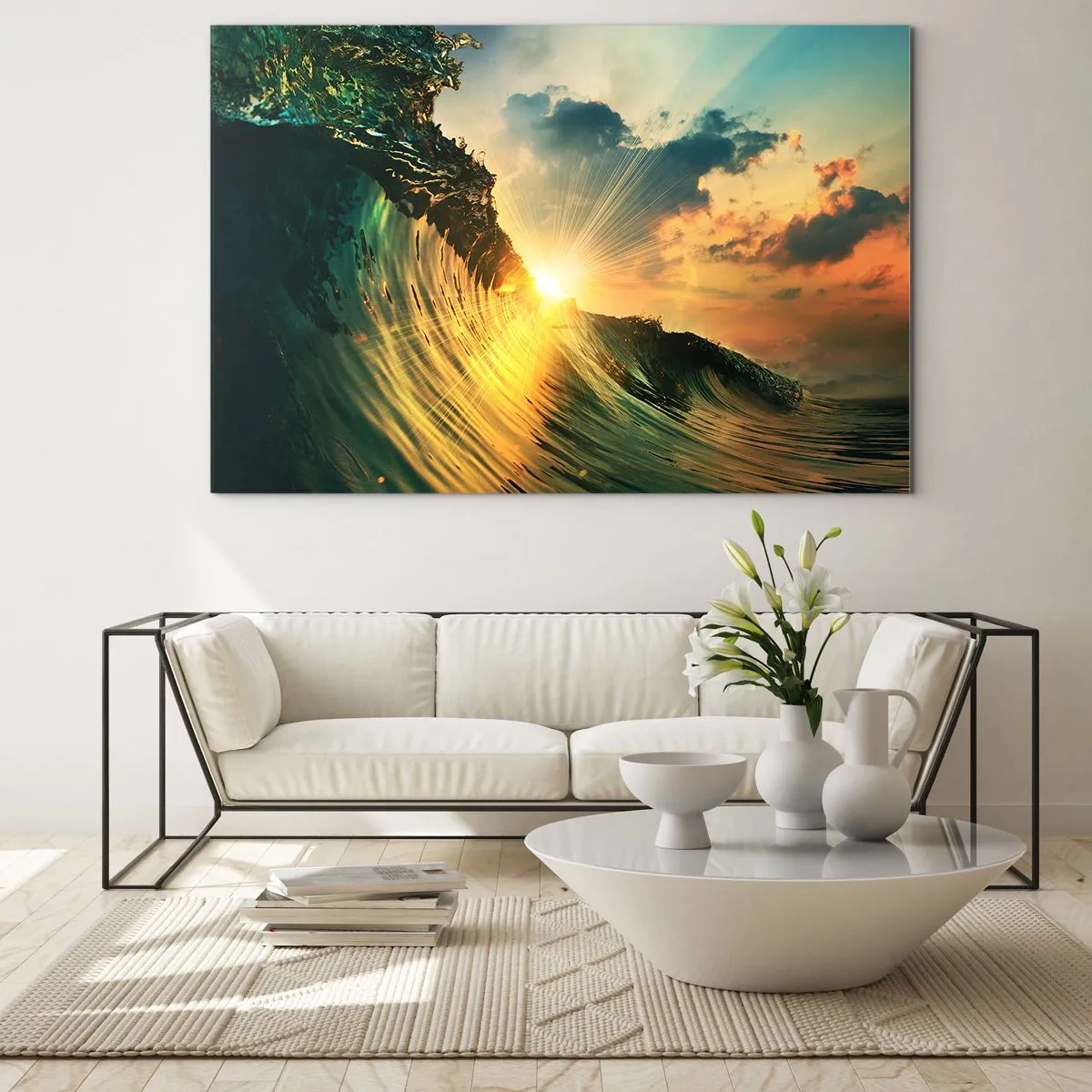 Billede på glas - Den nedgående sol oplyser havets bølger - 70x50cm - Surfer, hvor er du? - Moderne vægdekoration til stue og soveværelse ARTTOR