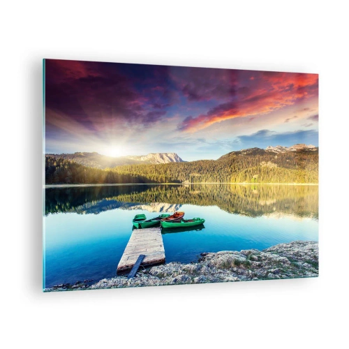 Billede på glas - En malerisk sø med en træmole og både ved solnedgang - 70x50cm - Over vand så glat som et spejl - Moderne vægdekoration til stue og soveværelse ARTTOR