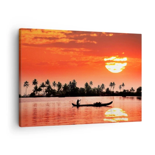 Lærredstryk - Billede på lærred - Tropisk solnedgang med en båd og palmer i baggrunden - 70x50cm - Tropernes ro ved solnedgang - Moderne vægdekoration til stue og soveværelse ARTTOR