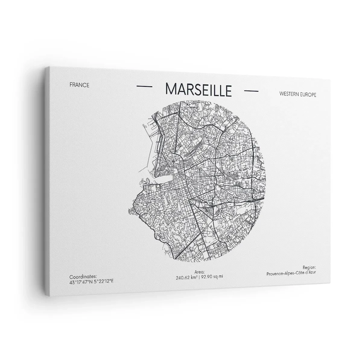 Lærredstryk - Billede på lærred - Kort over Marseille i minimalistisk stil - 70x50cm - Marseilles anatomi - Moderne vægdekoration til stue og soveværelse ARTTOR