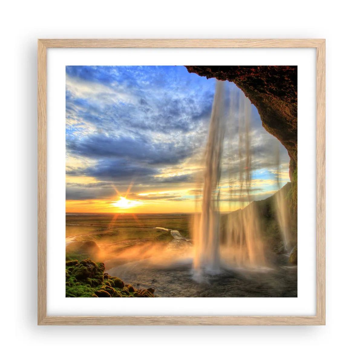 Plakat i ramme af lyst egetræ - Verden bag sløret af dråber - 50x50 cm