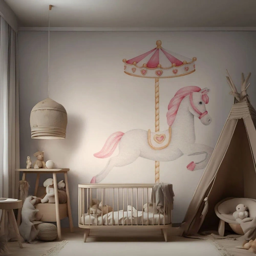 Fototapet Selvklæbende Deluxe Sticker - Han satte af sted med en hov - Hest, Merry-go-round, Pigeagtig - 450x315 cm