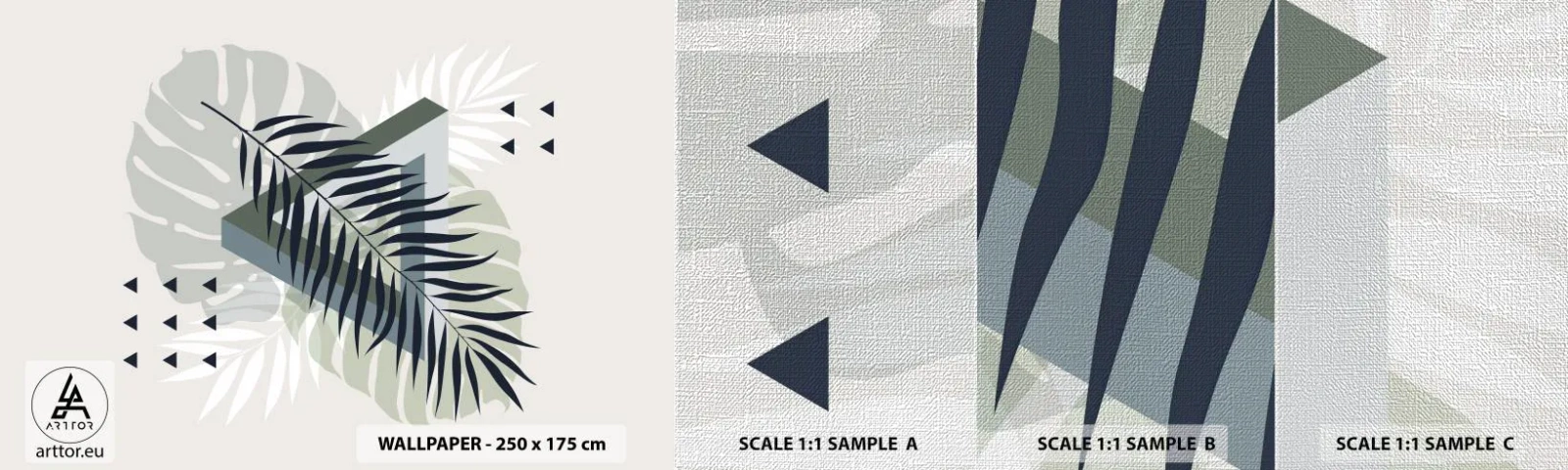 Prøve Fototapet Premium Canvas - Natur og geometri - to ordener? - Monstera Leaf, Palmeblad, Grafik - 100x30 cm