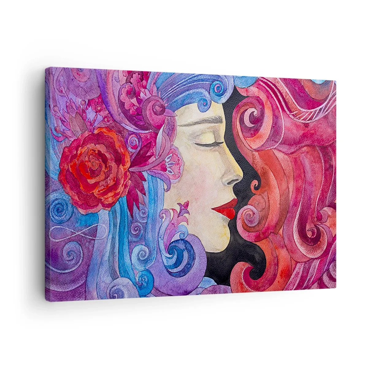 Lærredstryk - Billede på lærred - Farverig profil af en kvinde i kunstnerisk stil - 70x50cm - Art Nouveau er stadig i live - Moderne vægdekoration til stue og soveværelse ARTTOR