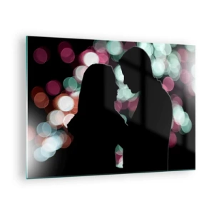 Billede på glas - Silhuetter af et par mod en baggrund af farverige bokeh-lys - 70x50cm - Ja! - Moderne vægdekoration til stue og soveværelse ARTTOR