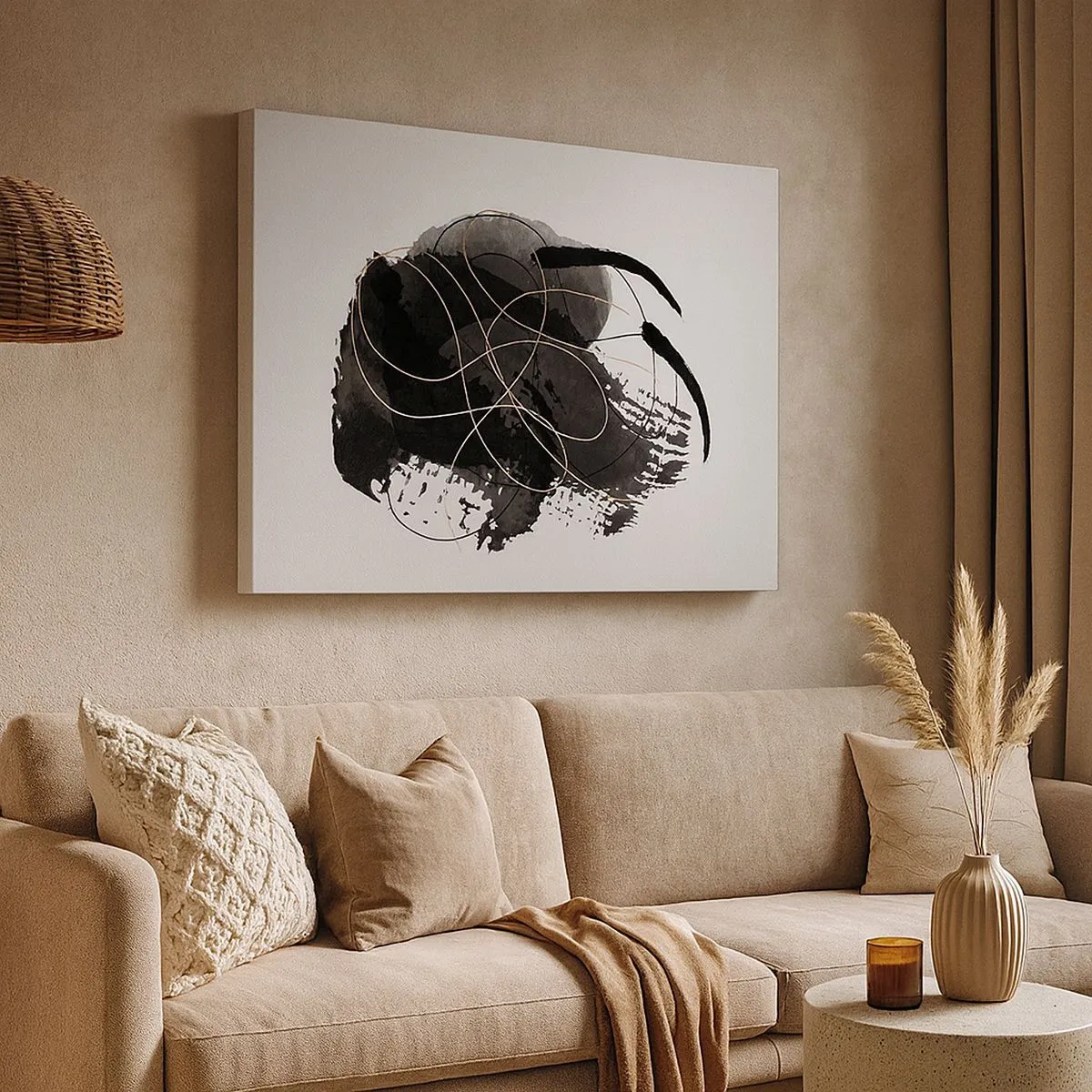 Lærredstryk - Billede på lærred - Abstraktion i sort og guld på en hvid baggrund - 70x50cm - Kom frem fra det sorte - Moderne vægdekoration til stue og soveværelse ARTTOR