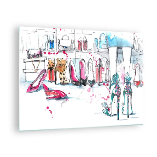 Billede på glas - Illustration af elegante høje hæle i en butik - 70x50cm - Sesam, åbn dig - Moderne vægdekoration til stue og soveværelse ARTTOR