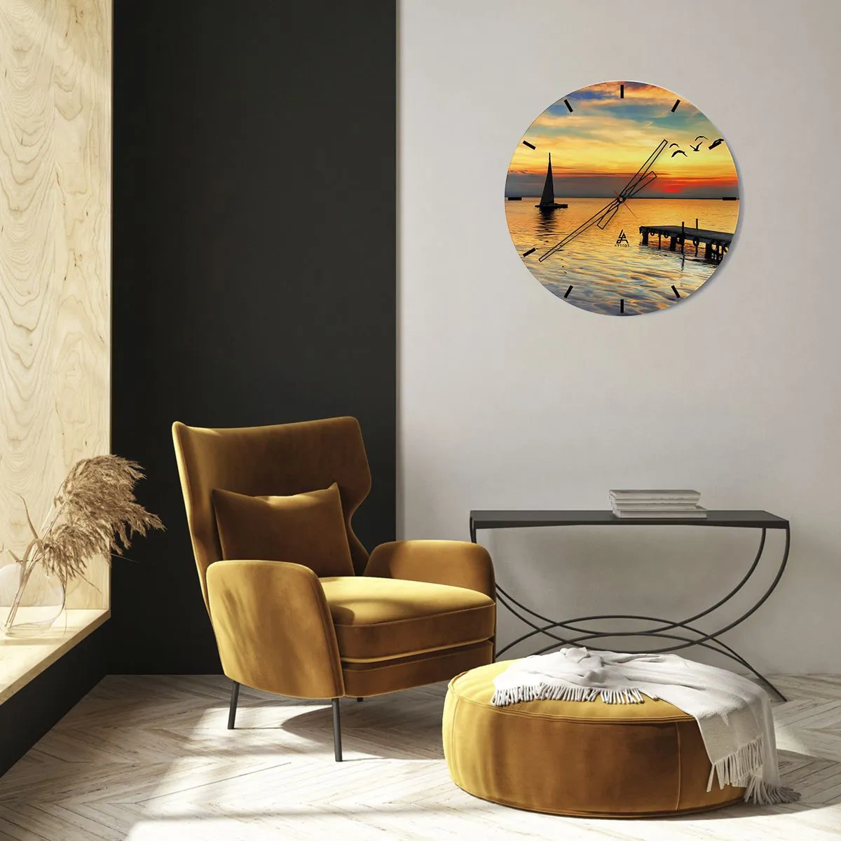 Vægur, Uret - Yacht ved solnedgang med mole og fugle - 30x30cm - Returnering om aftenen - Moderne vægdekoration til stue, køkken og soveværelse ARTTOR