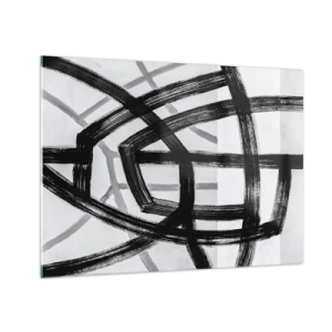 Billede på glas - Sorte og grå penselstrøg skaber et dynamisk netværk af linjer. - 70x50cm - Opbygning af dybde - Moderne vægdekoration til stue og soveværelse ARTTOR