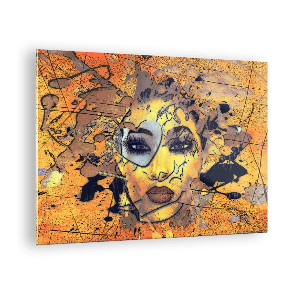 Billede på glas - Abstrakt kvindeansigt i gylden-orange toner - 70x50cm - Solrig skønhed - Moderne vægdekoration til stue og soveværelse ARTTOR