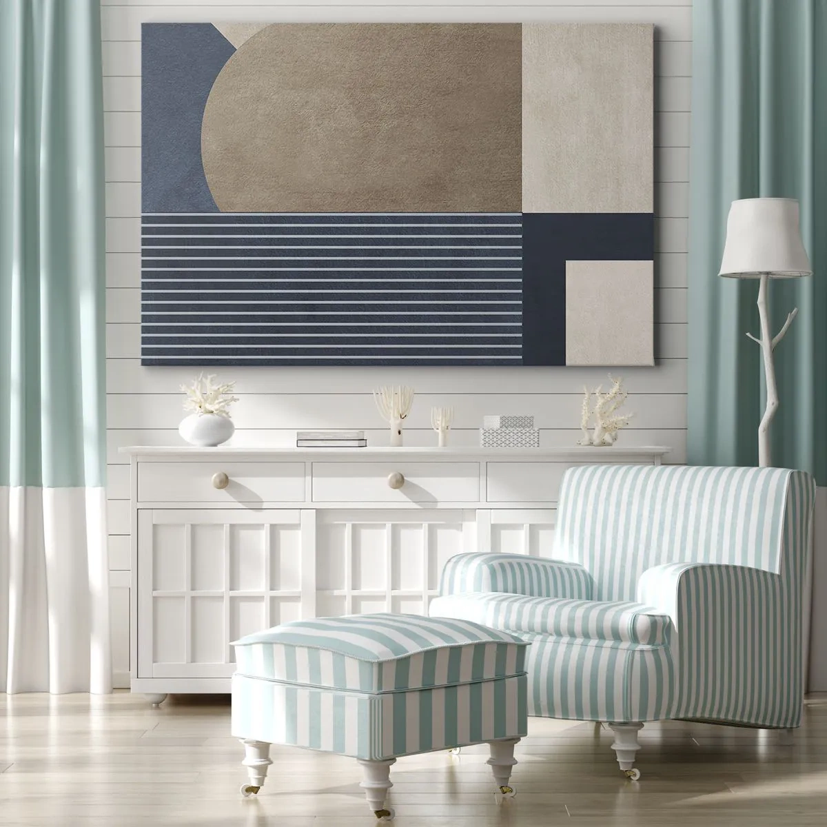 Lærredstryk - Billede på lærred - Geometriske figurer i beige og marineblå nuancer med linjer - 70x50cm - En komposition af enkelhed og rundhed - Moderne vægdekoration til stue og soveværelse ARTTOR