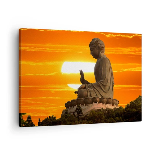 Lærredstryk - Billede på lærred - En buddhistisk statue mod en orange solnedgangs baggrund - 70x50cm - Uden frygt for verden - Moderne vægdekoration til stue og soveværelse ARTTOR