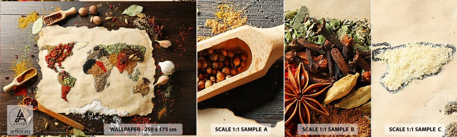 Prøve Fototapet Selvklæbende Deluxe Sticker - Alle verdens smage - Gastronomi, Verdenskort, Tørrede krydderier - 100x30 cm