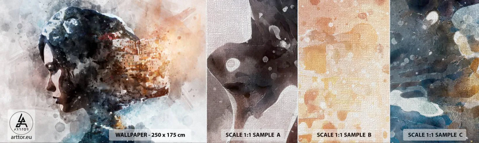 Prøve Fototapet Premium Canvas - Historien om en pige med en by i baggrunden - Abstraktion, Kvinde, Arkitektur - 100x30 cm