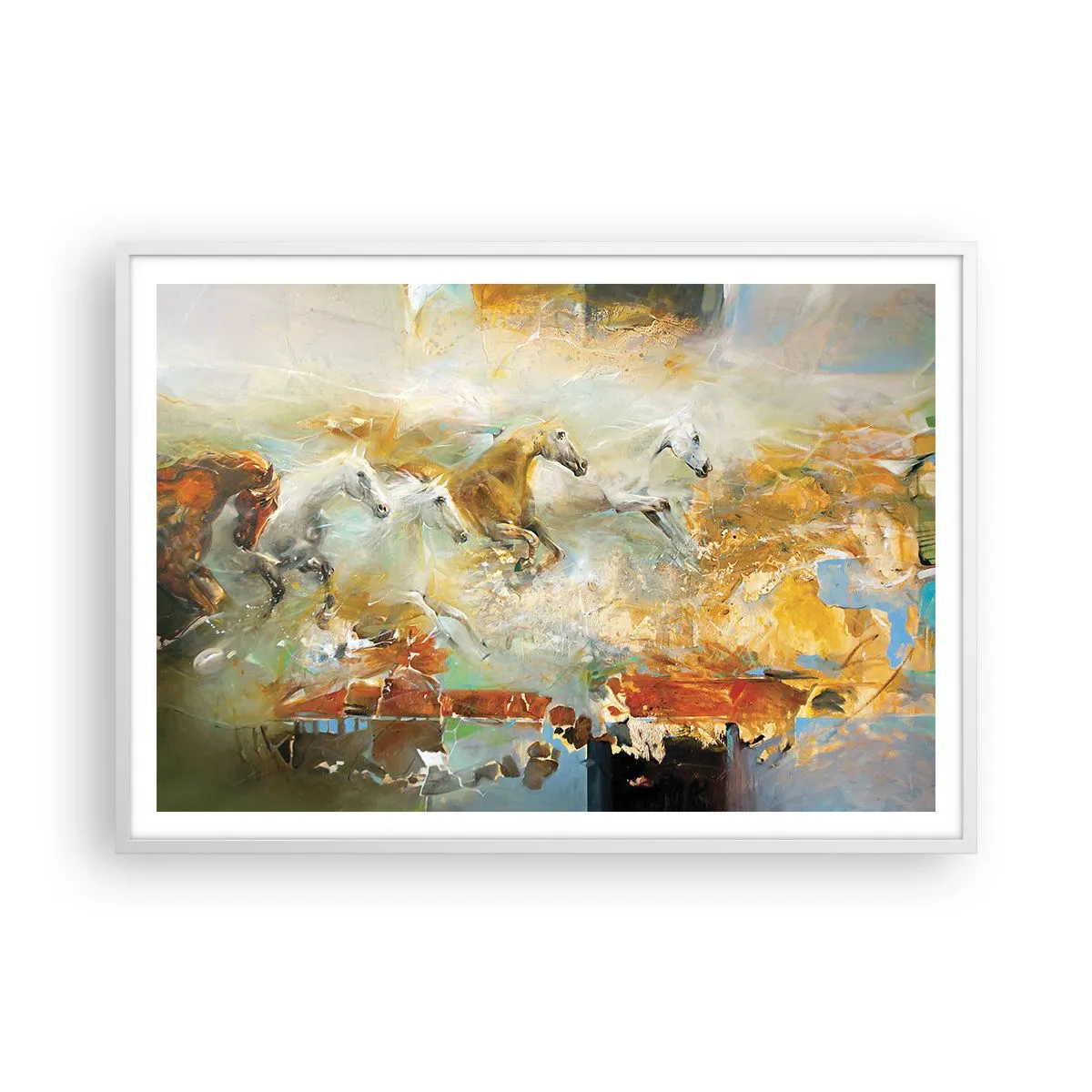 Plakat i hvid ramme - Galopperer gennem lyset - 100x70 cm