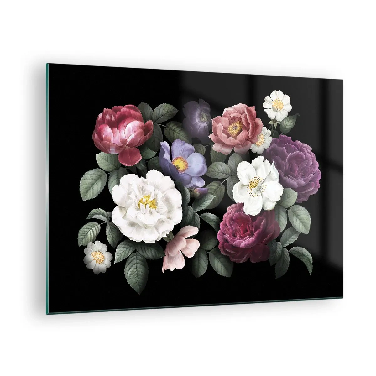 Billede på glas - Blomsterkomposition med pæoner på sort baggrund - 70x50cm - Fra en engelsk have - Moderne vægdekoration til stue og soveværelse ARTTOR
