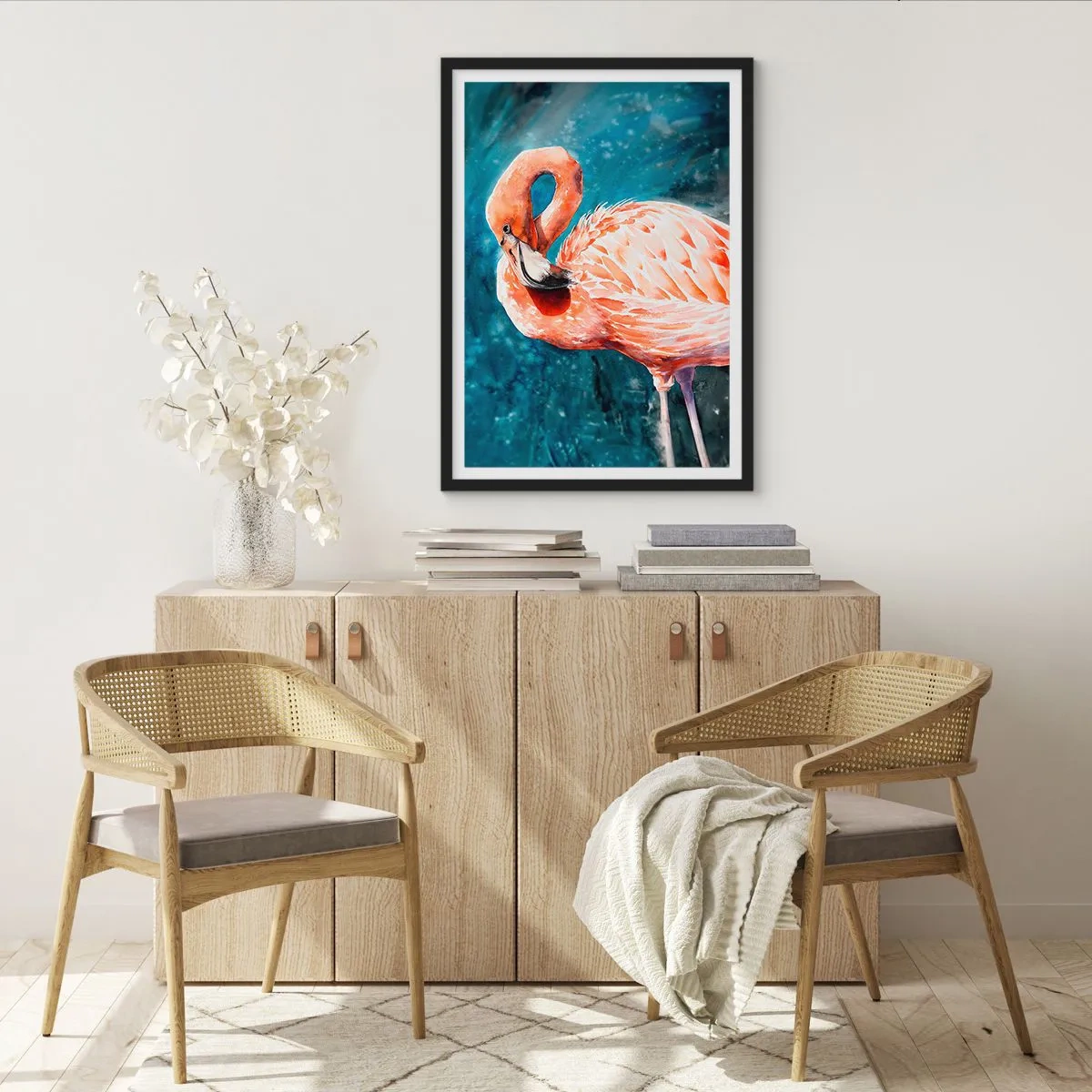 Plakat i sort ramme - En akvarel flamingo mod en turkis vandbaggrund - 50x70cm - Dekorativ af natur - Moderne vægdekoration til stue og soveværelse ARTTOR