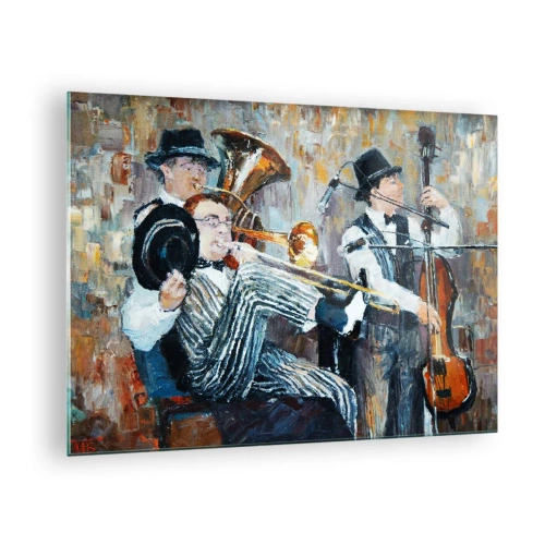 Billede på glas - Et jazzband i en atmosfærisk impressionistisk scene - 70x50cm - Alt det jazz - Moderne vægdekoration til stue og soveværelse ARTTOR