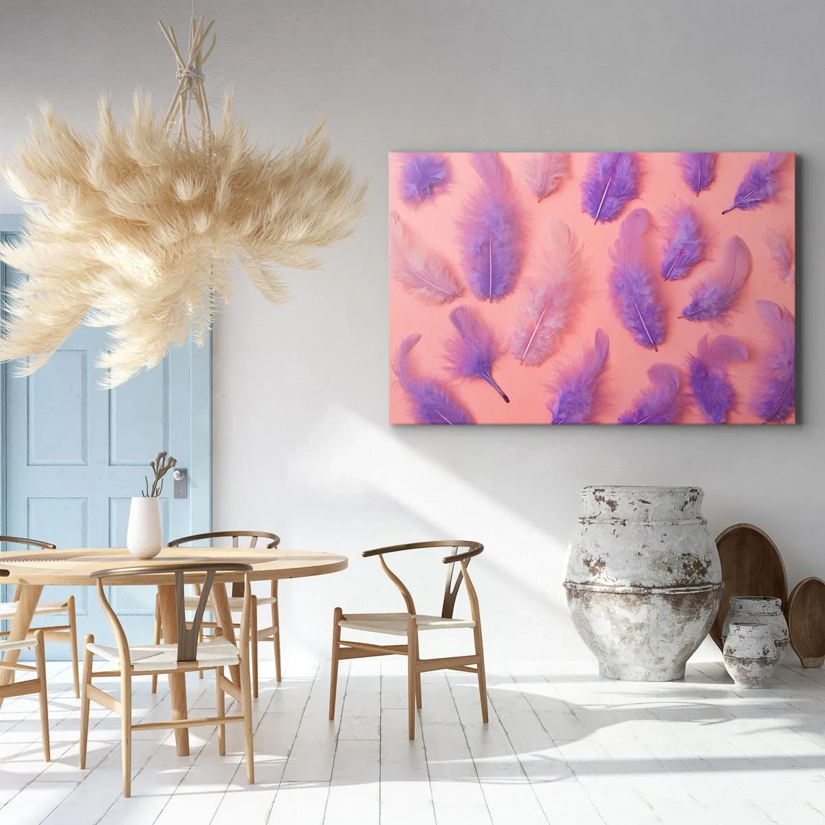 Lærredstryk - Billede på lærred - Lilla og lyserøde fjer på en pastelfarvet baggrund - 70x50cm - Lilla fugl af begær - Moderne vægdekoration til stue og soveværelse ARTTOR