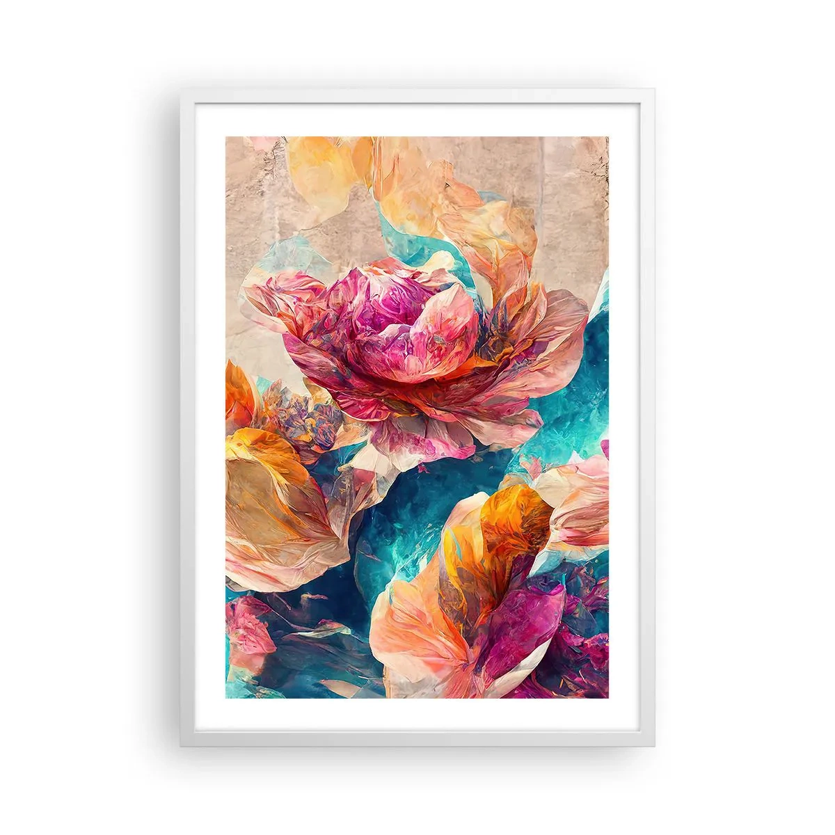 Plakat i hvid ramme - Den farverige pragt i en buket - 50x70 cm