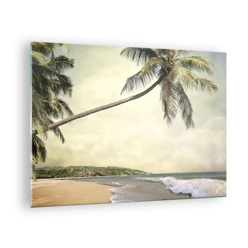 Billede på glas - Tropisk strand med palmetræ og bølger - 70x50cm - En tropisk drøm - Moderne vægdekoration til stue og soveværelse ARTTOR