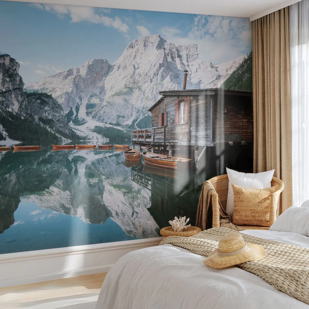 Fototapet Premium Canvas - Krystalklar bjergmorgen - Bjerglandskab, Sol, Sø - 250x175 cm
