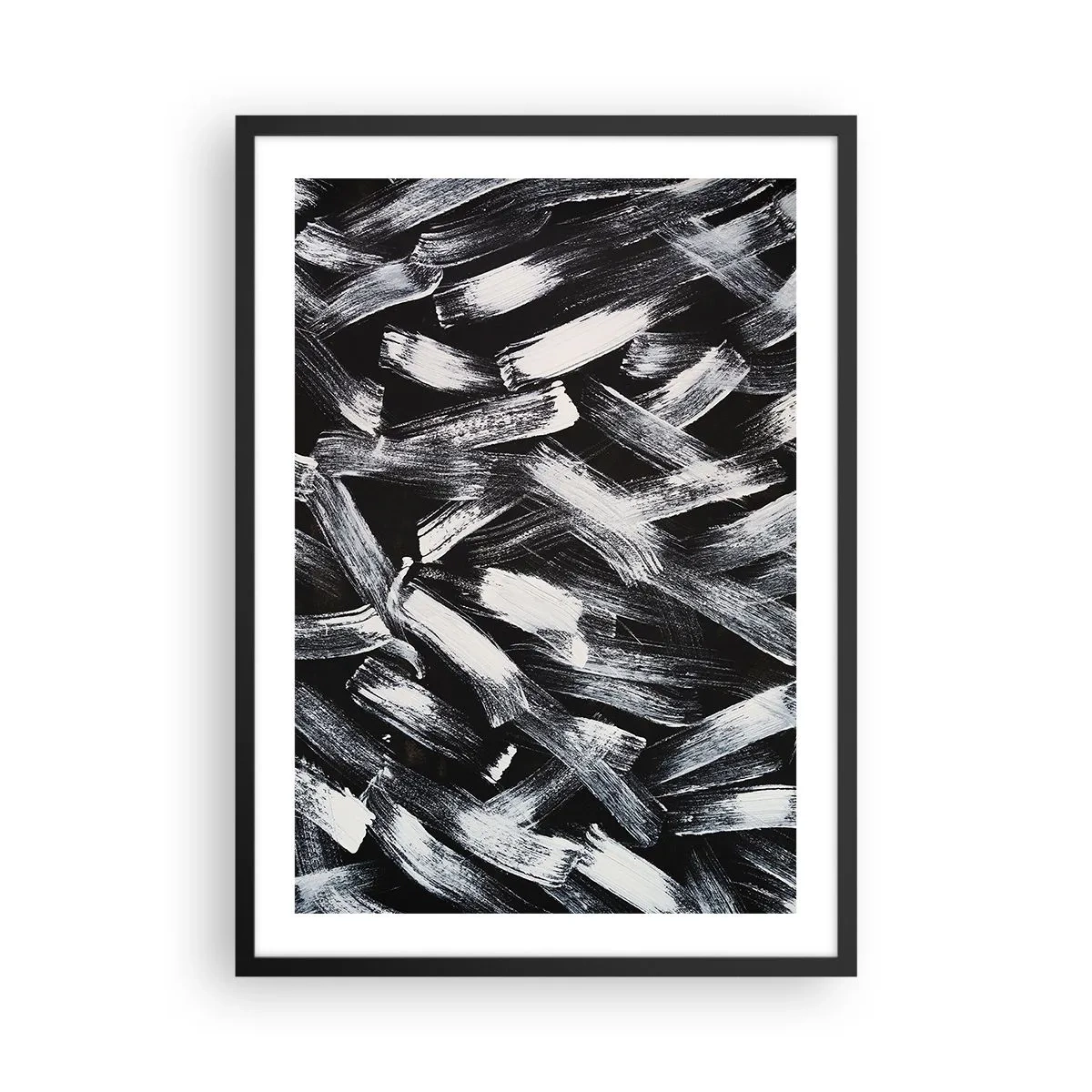 Plakat i sort ramme - Abstrakte hvide penselstrøg på en sort baggrund - 50x70cm - Abstraktion i den industrielle ånd - Moderne vægdekoration til stue og soveværelse ARTTOR